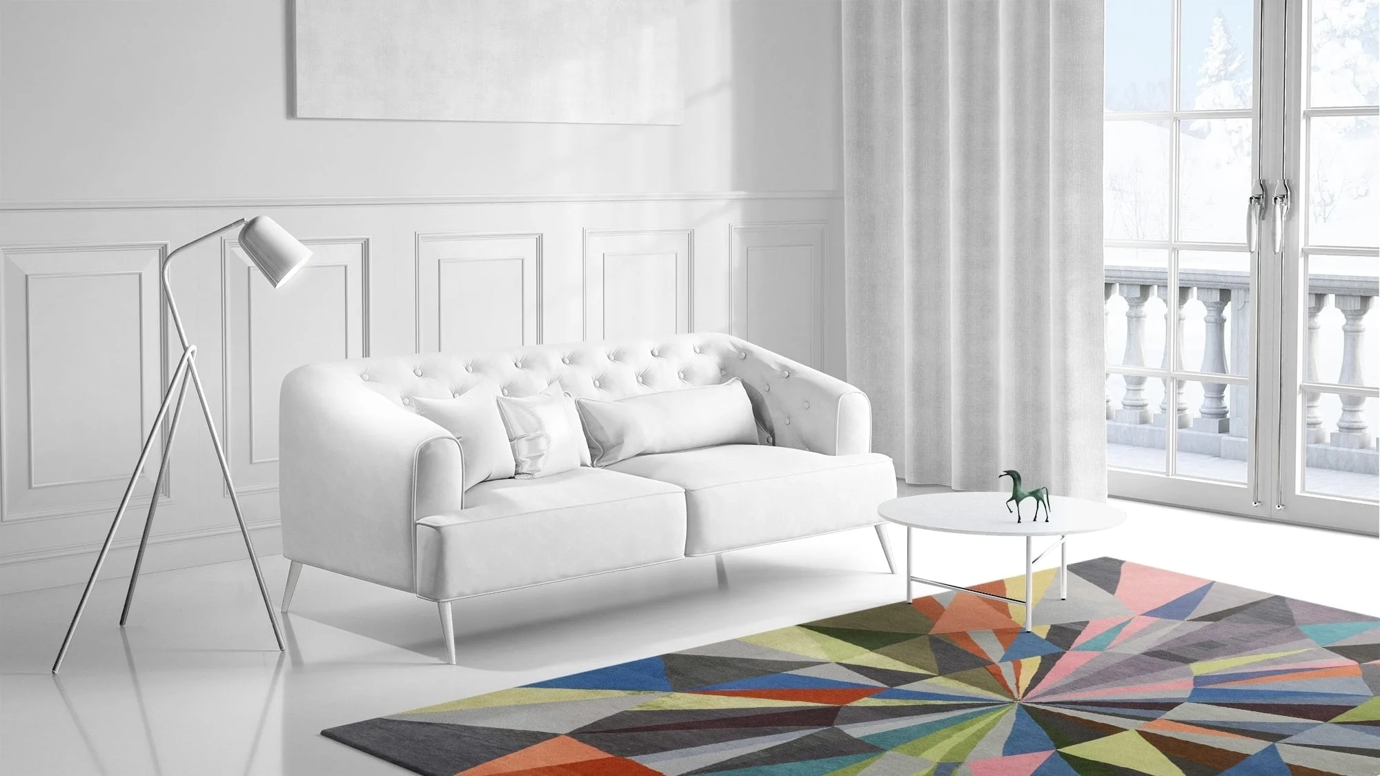 a living room filled with furniture and a large window
