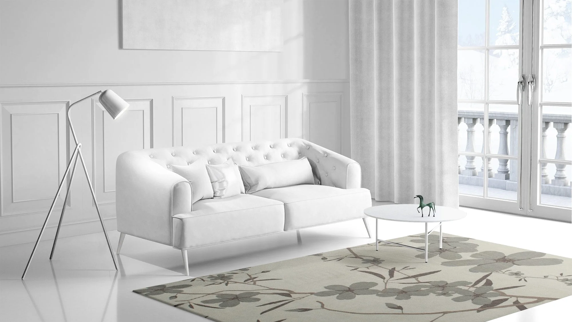 a living room filled with furniture and a large window
