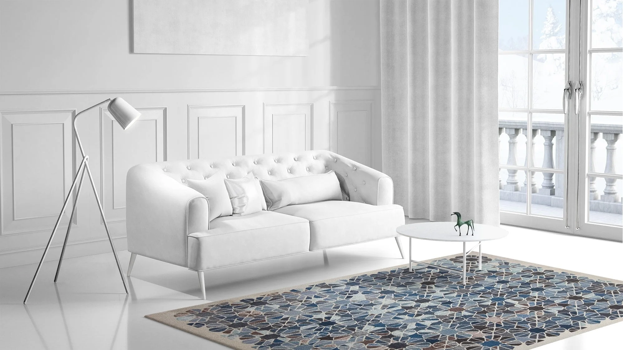 a living room filled with furniture and a large window