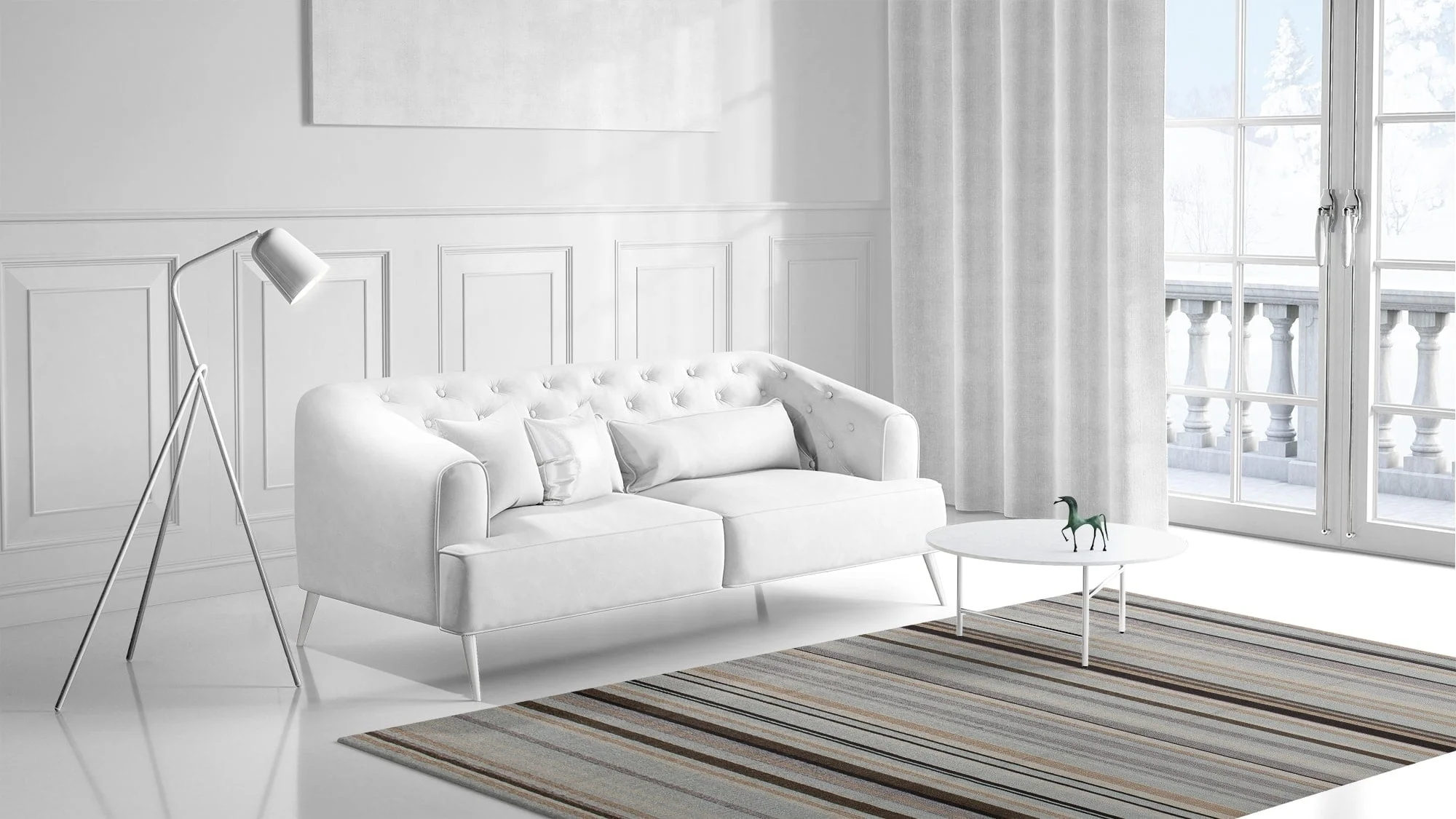 a living room filled with furniture and a large window