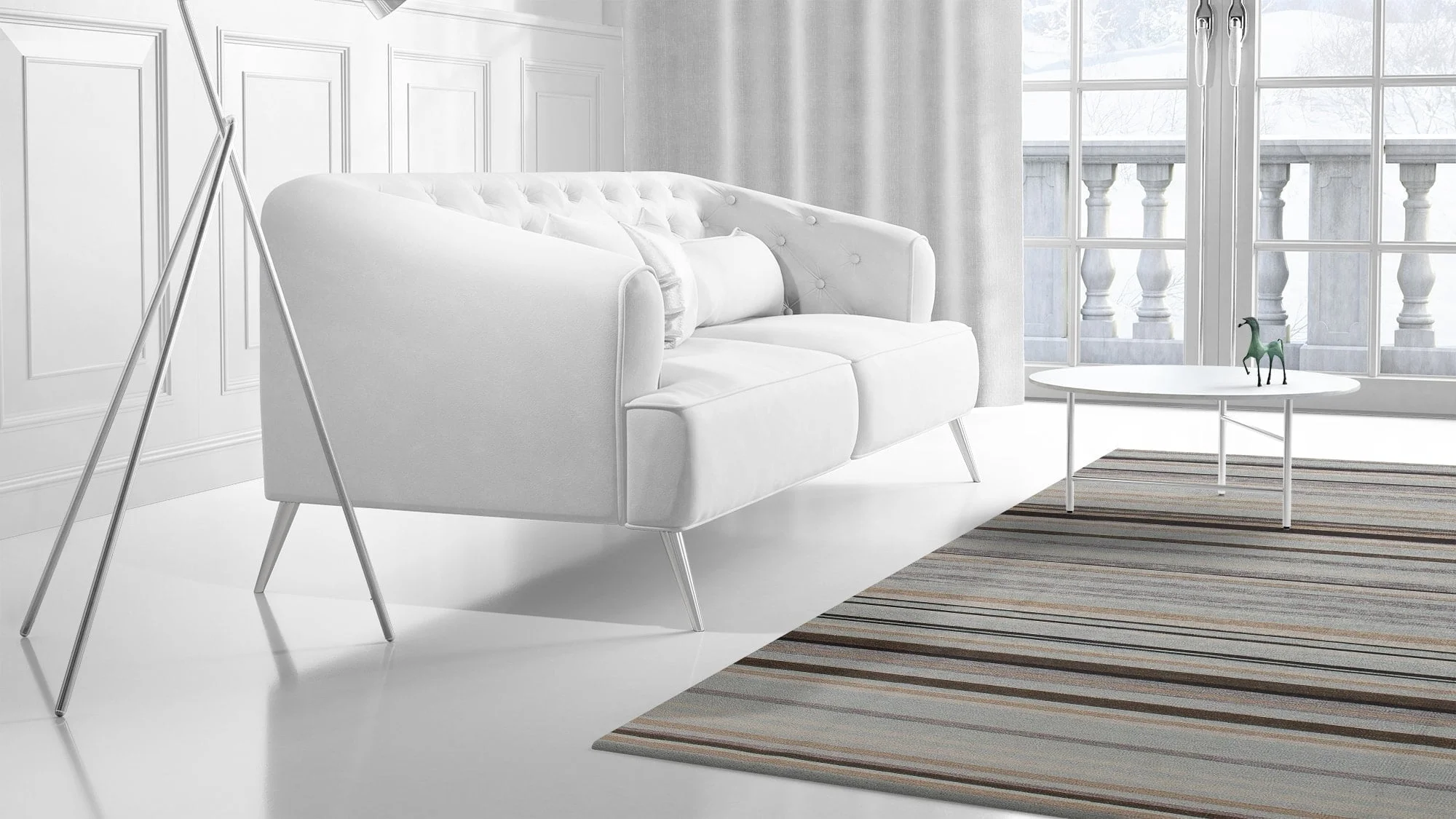 a living room with a bed and a window