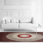 a bedroom with a bed and a table in a room