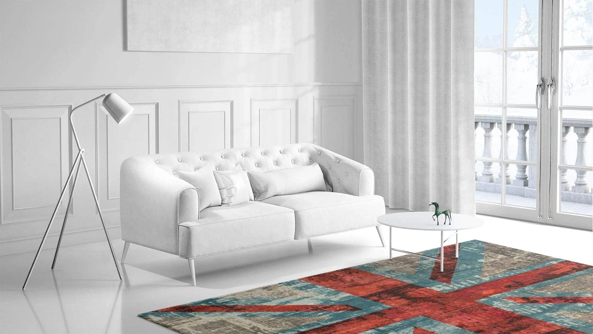 a living room filled with furniture and a large window