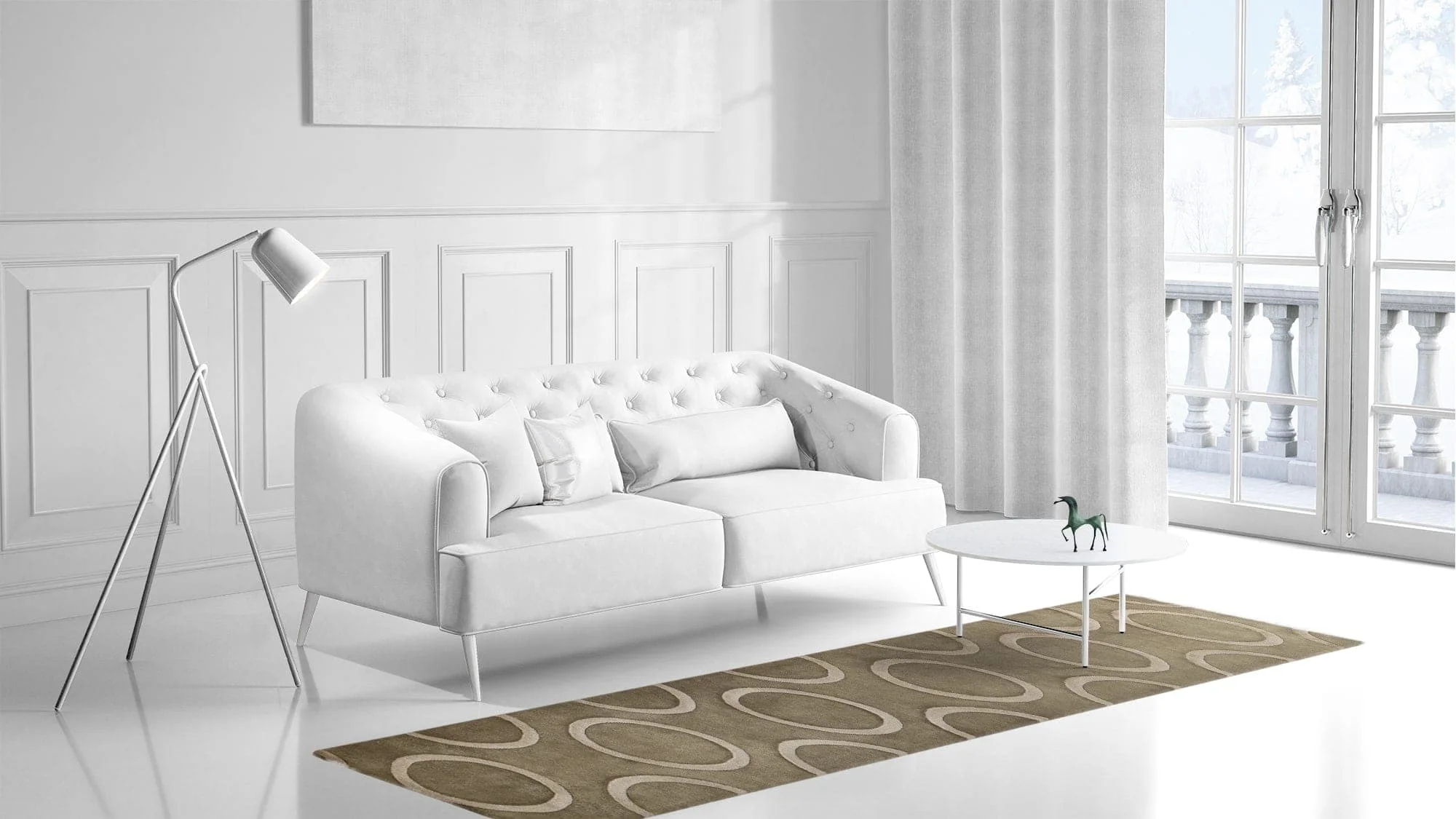 a living room filled with furniture and a large window