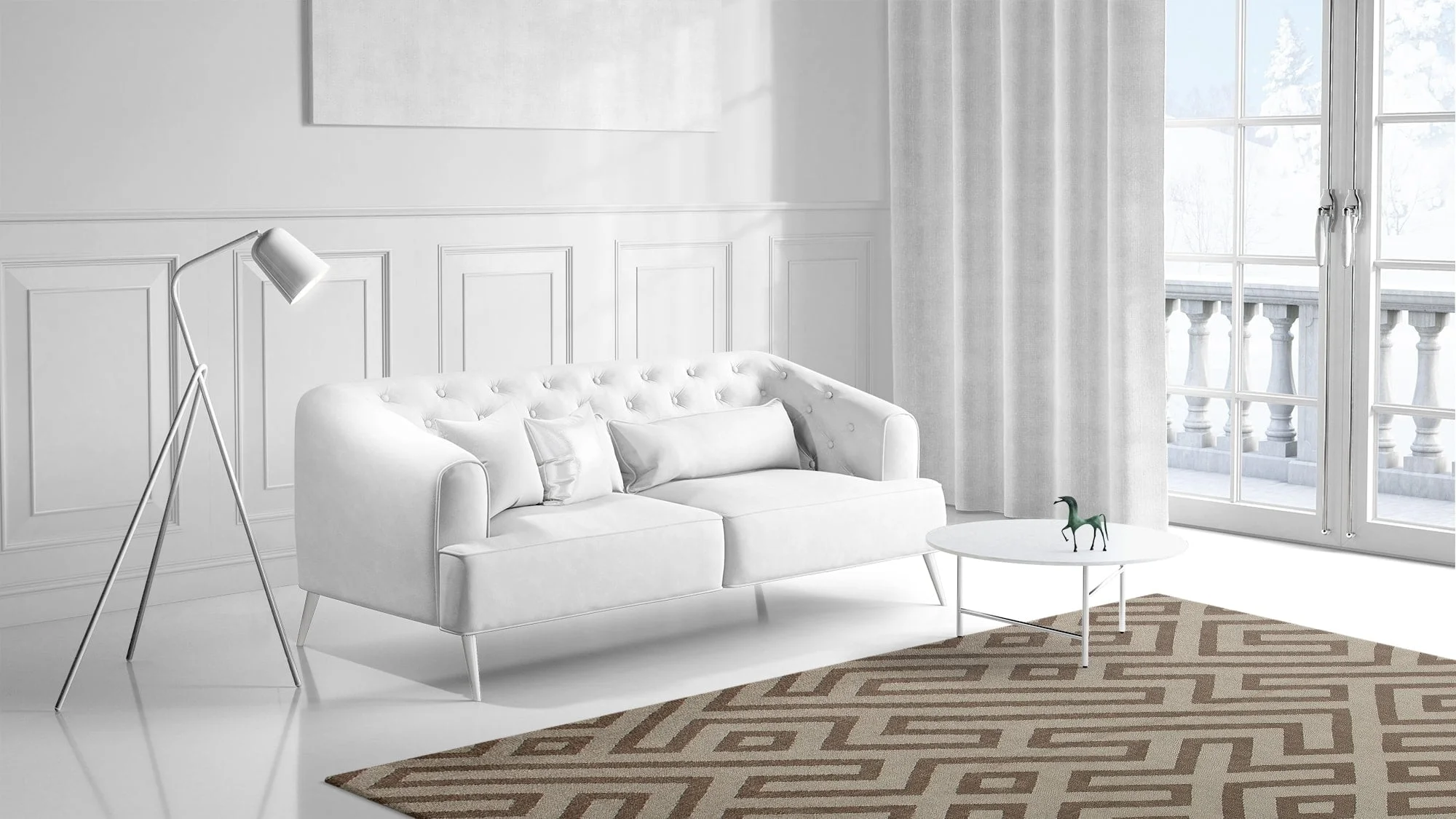 a living room with a bed and a chair in front of a window