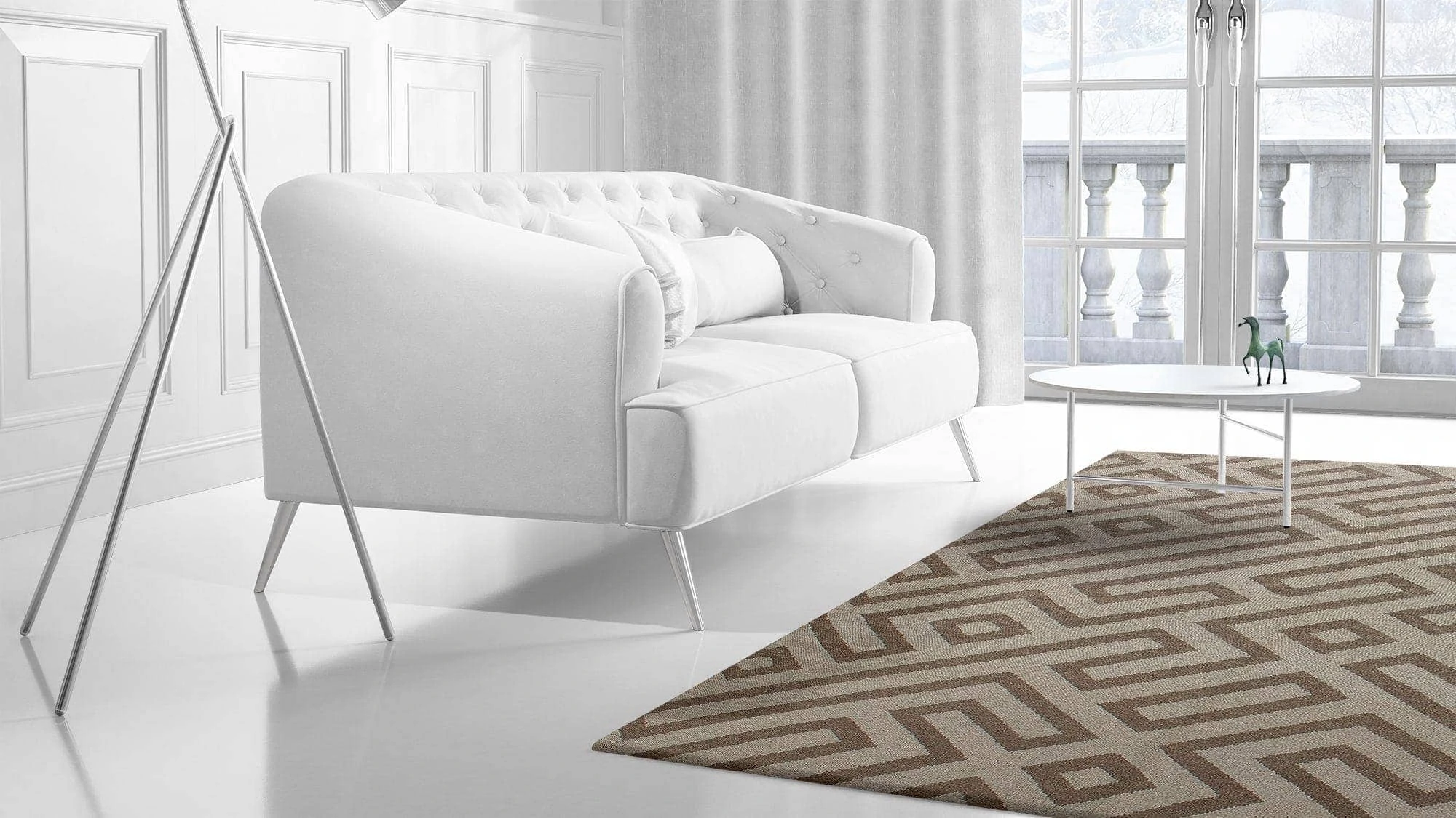 a living room with a bed and a window