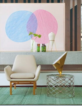 modern lamp and living room furniture on a green rug